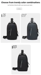 Detail of men's casual crossbody chest bag with integrated USB charging port and logo