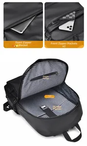 Detail view of black laptop backpack showing interior blue striped lining and compartments