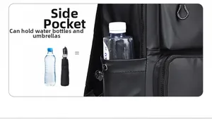 Detail of backpack side pocket with drawstring for water bottles and folding umbrellas