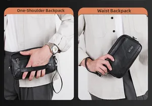 Detail showing dual carrying styles of the black leather clutch bag with wristlet strap