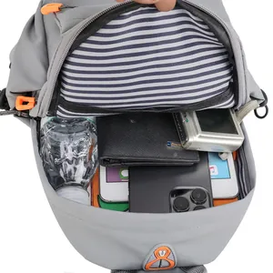 Large capacity grey chest bag with striped lining showing spacious multi-layer storage