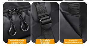 Detail of double metal zippers and reinforced triangular straps on a black backpack