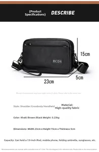 Size chart for the HCDS men's crossbody bag showing 23x15x5cm dimensions and capacity