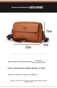Men's brown leather crossbody bag specifications showing dimensions and internal capacity