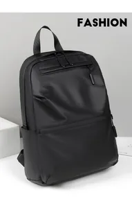 Detail of waterproof matte black backpack featuring hidden zipper and side pocket