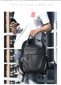 Close-up of black waterproof commuter backpack with spacious main compartment and side pockets
