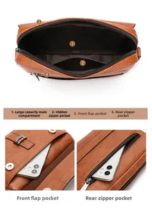 Detailed interior and exterior pocket layout of brown PU leather crossbody bag