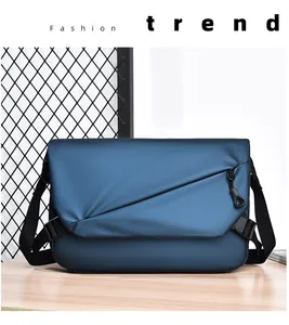 Vue détaillée du sac bandoulière bleu foncé en nylon imperméable au design plissé
