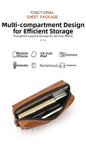 Internal view of brown PU leather chest bag with multi-compartment storage for tablet