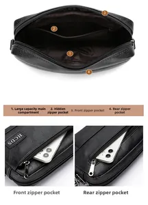 Macro detail of black pebble leather crossbody bag showing multiple zipper compartments