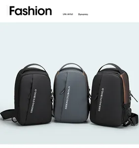 Waterproof nylon men's sling bags shown in black and grey with front vertical zip detail