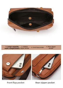 Detail view of brown lychee leather crossbody bag showing multi-pocket storage and compartments