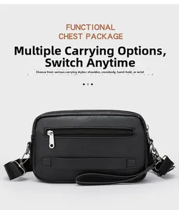 Close-up of black litchi pattern leather texture and silver zipper detail on men bag