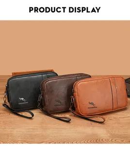 Three men's clutches in black, dark and light brown with lychee texture leather detail