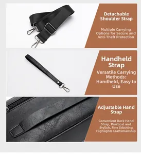 Detail showing detachable nylon shoulder strap and retractable leather hand strap of bag