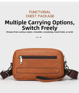 Detail of dark brown leather crossbody bag with front zipper and wrist strap design