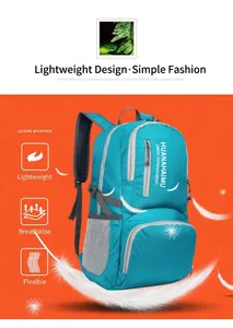 Lightweight foldable hiking backpack in cyan blue with breathable mesh side pockets