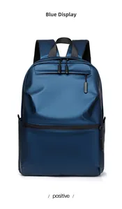 Front view of a deep blue high-capacity laptop backpack with metallic fiber texture
