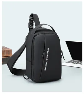 Close-up of black men's chest bag featuring water-resistant fabric and zippers