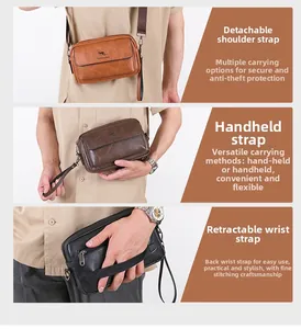 Detailed views of men's crossbody bag showing shoulder strap, wristlet, and hand grip options