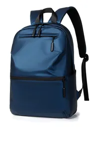 Detail view of water-resistant navy blue laptop backpack with breathable mesh back padding