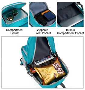 Detail view of the folding backpack interior showing compartments and storage capacity