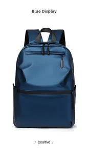 Front view of a navy blue water-resistant laptop backpack with sleek zipper detail