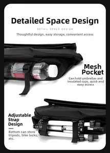 Detail of waterproof bag showing side mesh pocket for bottle and bottom tripod straps