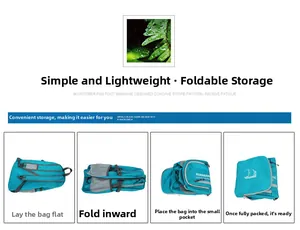 Detailed steps showing the ultra-light lake blue backpack folding into its storage pouch