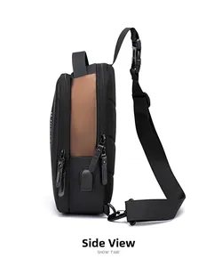Side view of men's sling bag with built-in USB port and multi-layer zipper structure
