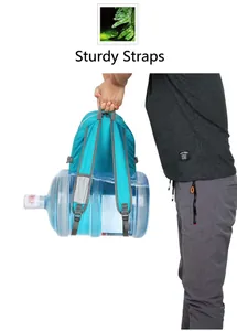 Blue hiking backpack showing high load-bearing capacity lifting a heavy water bottle