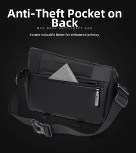 Macro shot of waterproof crossbody bag back with hidden anti-theft zipper and buckle
