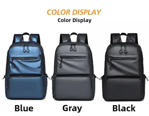Business laptop backpack shown in blue, grey, and black water-resistant fabric options