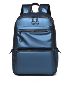 Front view of large capacity navy blue waterproof nylon business backpack with metal zippers