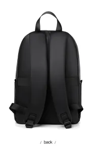 Back view of black laptop backpack with S-shaped padded straps and luggage sleeve