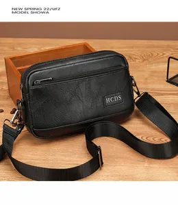 Detailed view of black PU leather crossbody bag with metal zipper on a rustic wooden table
