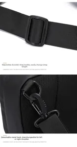 Detail of adjustable nylon strap and rotatable metal hook for flexible shoulder switching