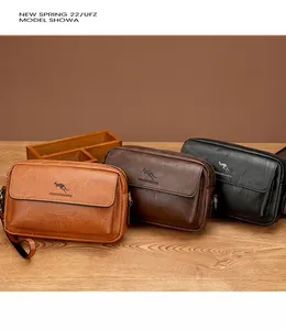 Detailed view of textured leather cross-body bags in black, dark brown, and light brown