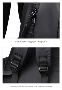 Detail of waterproof laptop backpack with smooth dual zippers and adjustable shoulder straps