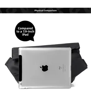 Size comparison of the black crossbody bag showing large capacity vs a 7.9-inch iPad