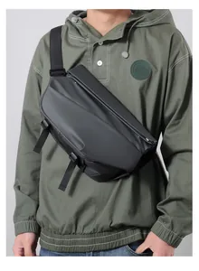 Detail of dark grey waterproof crossbody bag with matte coating and adjustable strap