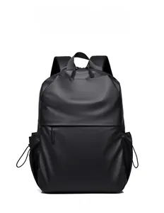 Detail view of black waterproof laptop backpack with side pockets and hidden zippers