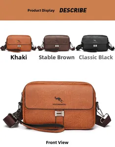 Front view of multi-functional PU leather messenger bags in khaki, brown and black