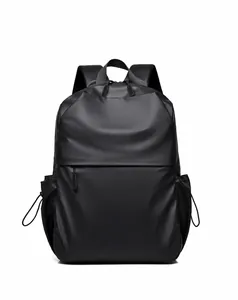 Detail view of black waterproof backpack with hidden zippers and functional drawstring side pockets