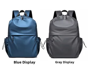 Minimalist waterproof nylon backpacks in blue and grey with side drawstring pockets