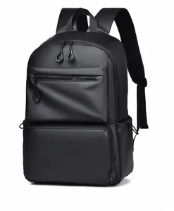 Side view of black ergonomic backpack showing matte waterproof fabric and zippered compartments