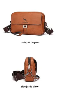 Detailed views showing the side and 45-degree angle of a brown leather crossbody bag