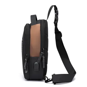 Men's casual crossbody chest bag with USB charging port and multi-layer zippers