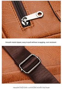 Detail der wasserdichten braunen PU-Ledertasche mit Metallreißverschluss und Gurtband
