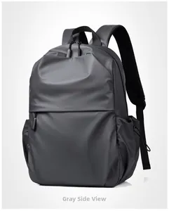 Side view of a large capacity waterproof gray laptop backpack with padded shoulder straps